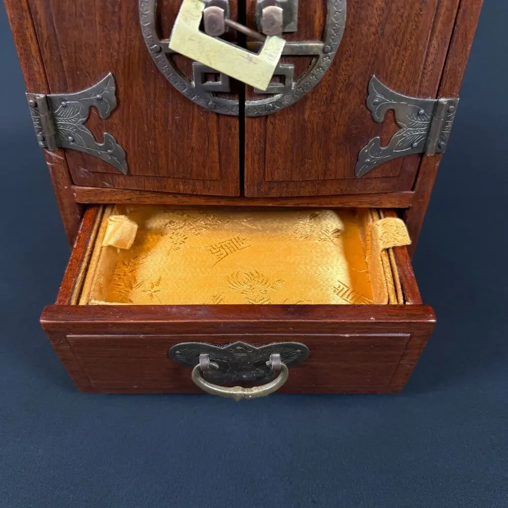 Vintage Chinese Dressing Case Jewelry Box Wood Brass Lined 4 Drawer